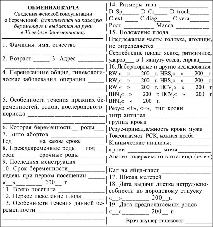 Обменная карта беременной